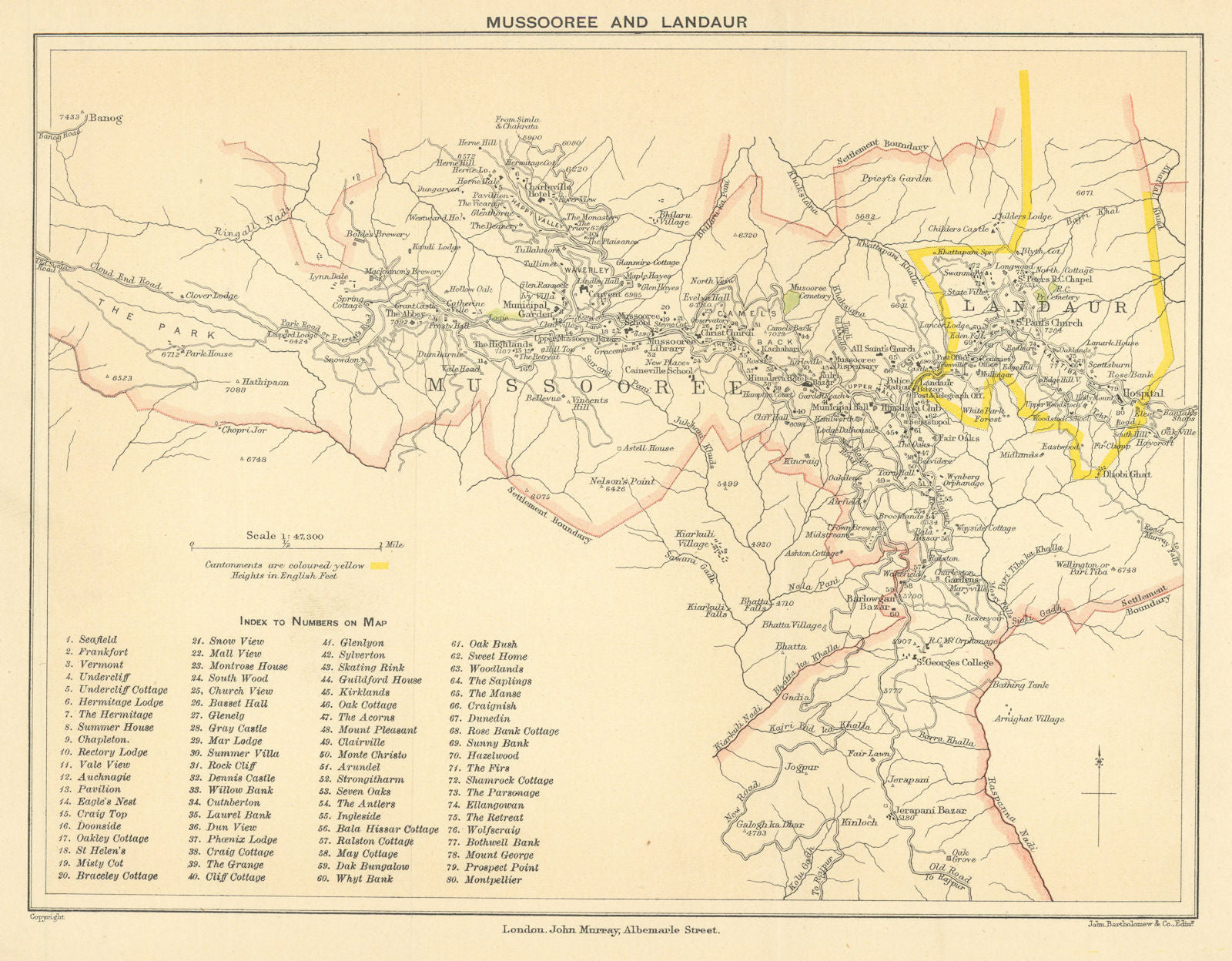 INDIA. Mussoorie hill station & Landour cantonment. Route to Simla. 1905 map